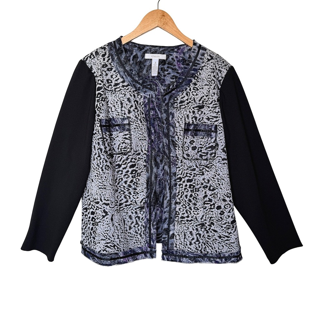 Chicos Mixed Media‎ Leopard Paisley Open Front Jacket Size XL Topper Layer Boho